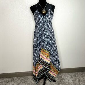 Navy Dress with Multicolor Border Patterned sz Med
